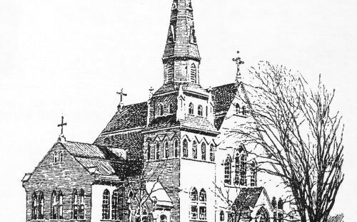 Drawing of the second chuch building, the first on this site 1880